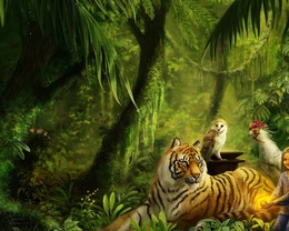 3d обои В сказочном лесу девочка собрала вокруг себя всех своих друзей: могучего тигра, мудрую сову, и важную курицу  сказки