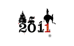 3d обои Новый Год 2011, на цифрах стоят самые разнообразные животные, а так же елка и спиртные напитки  слоны