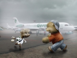 3d обои Мишка встречает в аэропорту прилетевшего ёжика  сказки