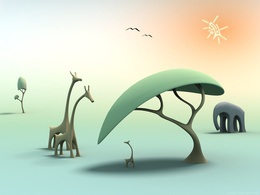 3d обои Стилизированные жирафы, слон, саванна и солнце над ними  слоны