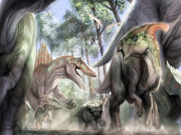 3d обои Доисторический мир... Нападение хищного динозавра на стадо травоядных  фантастика