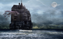 3d обои Замок на каменном острове во время грозы  молнии