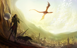 3d обои Эльф и пёс стоят на скалах опоясывающих город над которым высоко в небе пролетает дракон  эльфы