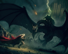3d обои Воин сражается с магом верхом на драконе  молнии