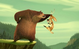 3d обои Мультфильм Сезон охоты, медведь держит лося за рога над обрывом  мультики