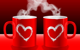 3d обои Две красные чашки кофе с сердцами и паром  дым