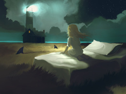 3d обои Девочке снится, что она сидит на своей кровати в поле, в котором плавают акулы, а за ее домом стоит маяк  рыбы