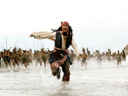 3d обои Капитан Джек Воробей убегает от разгневанных туземцев (Пираты Карибского моря Сундук мертвеца - 2)  фантастика