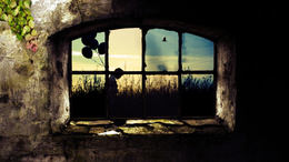 3d обои Окно в старом доме, поросшем плющем, через которое видно девушку со связкой воздушных шаров  воздушные шары
