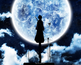 3d обои Рукия Кучики из аниме Блич / Bleach стоит на крыше дома при полной луне  луна