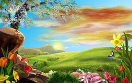 3d обои Позитивная картина-тюльпаны, цветущее дерево, бабочки, зелёный лужок, солнышко, птичка, пасхальные яйца  бабочки