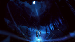 3d обои Вокалоиды Кагамине Лен и Рин ночью в лесу у водопада стоят в воде, освещённые луной и держась за руки  2560х1440