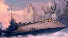 3d обои Военный корабль и самолёт у стен города  город