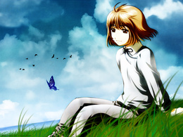 3d обои Генриетта из аниме Школа убийц / Gunslinger Girl сидит на траве и смотрит на бабочку (Wallpaper by Chloe-chan)  бабочки
