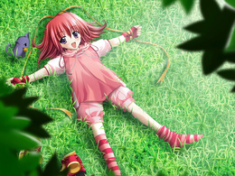 3d обои Девочка раскинув руки лежит на траве, рядом сидит котёнок с колокольчиком на шее  аниме