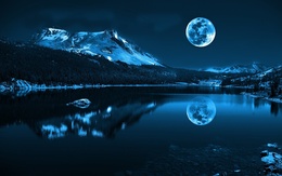 3d обои Луна ,лунная ночь ,озеро в окружении гор и леса  луна