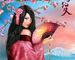 3d обои Девушка на фоне цветущей сакуры и вершины Фудзиямы  деревья